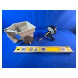 Assorted Household Tools, 25ft Drill Powered Drain Auger, Stanley 24in Level and Handheld Spreader