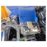 Bin of Assorted Hardware, Nuts, Bolts Hinges Etc. and Pack of 65 Watt Bulbs