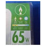 Bin of Assorted Hardware, Nuts, Bolts Hinges Etc. and Pack of 65 Watt Bulbs