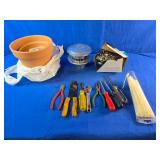 Bin of Assorted Items, Box of Nails, Assorted Tools, 3 New Pots, Etc.