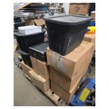 Pallet of Assorted Boxes and Bins of Misc. Household Items, Shoes, Home Decor, Building Materials, Garage Items and More