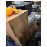 Pallet of Assorted Boxes and Bins of Misc. Household Items, Shoes, Home Decor, Building Materials, Garage Items and More