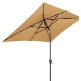 Sun-Ray Rectangular Patio Umbrella 6.6ft by 10ft with 22 Solar Powered LED Lights, Push-Button Tilt and Hand Crank Lift, Solar Umbrella with Solution Dyed Taupe Fabric for Porch, Deck, and Patio