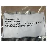 Lot of 20- Grade 5 Hex Bolts Zinc 1/2 - 13x3 3/4