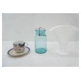 Vintage Glassware. Ball aqua blue jar & glass lid, Fenton white milk glass hobnail fan vase