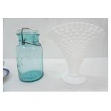 Vintage Glassware. Ball aqua blue jar & glass lid, Fenton white milk glass hobnail fan vase