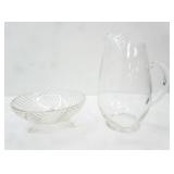 Vintage glass serving bowl , clear glass water pitcher