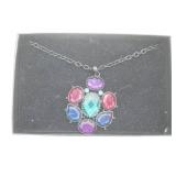 Fashion Jewelry Necklace. Clustered Pendant w/colorful crystals