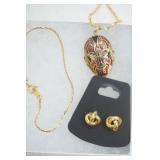 Cloisonne Mask Face Pendant w/Chain & Earrings