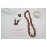 CR Inscripted Sandstone 18" Necklace. Size 8.5 Ring. Pierced Earrings, Faux Diamond Bracelet