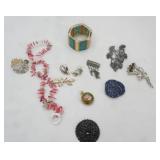 Jewelry Lot: Stone, Glass, Tiger Eye, Pins, Bracelets