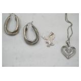 Jewelry Lot: 925 Heart Pendant & Chain, Eagle Pendant, Earrings