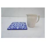 Vintage Stoneware White Pitcher, hand-painted ceramic tile