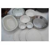 Kitchenware Lot: baking pans, casseroles, corning ware and lids, serving tray