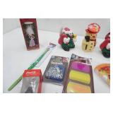 Hallmark Keepsake Christmas Ornaments, Coke Christmas Ornaments and disposable napkins, James Dean Christmas Ornament, Dog Squeak