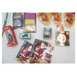 Hallmark Keepsake Christmas Ornaments, Coke Christmas Ornaments and disposable napkins, James Dean Christmas Ornament, Dog Squeak