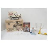 Vintage Ice Cream Truck Decanter, Collectors Stein, Hallmark Kiddie Car Classic Figurine 1937 Steelcraft by Murra Streamline Scooter, Porcelain Figurine, EAPG Clear Glass Pitcher, Colorful Cordial Gla