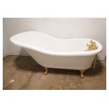 Fiberglass Slipper Clawfoot bathtub featuring polished gold-toned feet and brass hardware.
