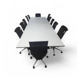 Halcon 14ft Conference Table, Outlets in each Drawer w/ 12 Leather Mesh Back Fully Adjustable Vitra Chairs Valued $22,000 Halcon 14ft Conference Table, Outlets in each Drawer w/ 12 Leather Mesh Back Fully Adjustable Vitra Chairs Valued $22,000