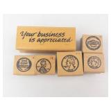 Set of 6 Vintage Wooden Rubber Stamps - Coin Portraits & Your business is appreciated Stamp Set of 6 Vintage Wooden Rubber Stamps - Coin Portraits & Your business is appreciated Stamp