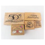 Rubber Stamp Set on Wood Blocks - 60th Wedding Anniversary & Happy Anniversary, 6-Piece Rubber Stamp Set on Wood Blocks - 60th Wedding Anniversary & Happy Anniversary, 6-Piece