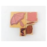 Umbrella Rubber Stamp Set on Wood Blocks - Pattern & Rain Motifs Umbrella Rubber Stamp Set on Wood Blocks - Pattern & Rain Motifs