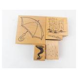 Umbrella Rubber Stamp Set on Wood Blocks - Pattern & Rain Motifs Umbrella Rubber Stamp Set on Wood Blocks - Pattern & Rain Motifs