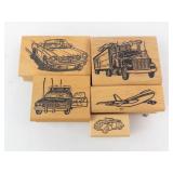 Vehicle Rubber Stamp Set on Wood Blocks - Cars, Truck, Airplane, Police Car Vehicle Rubber Stamp Set on Wood Blocks - Cars, Truck, Airplane, Police Car