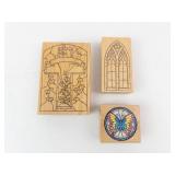 Rubber Stamp Blocks Set - Gothic Window Arch, Cross/Vine Panel, Butterfly Round Rubber Stamp Blocks Set - Gothic Window Arch, Cross/Vine Panel, Butterfly Round
