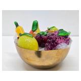 Solid Brass Centerpiece Bowl Full of Art Glass Fruit