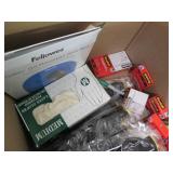 Box of protective gloves, ear muffs...