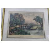 Antique Currier & Ives Hand-Colored Lithograph "The Old Ford Bridge" (1870)