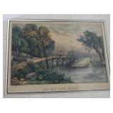 Antique Currier & Ives Hand-Colored Lithograph "The Old Ford Bridge" (1870)