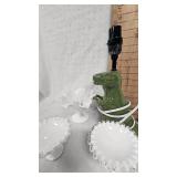 Milk Glass Dishes and Candleholders, Dinasaur Lamp