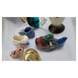 Decorative Miniature Porcelain Shoes and Misc Glassware