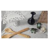 Milk Glass Banana Stand, Spoons, Glazed Pottery Vase
