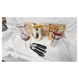 Vintage Aluminum Pitcher w.glasses and Hand Painted Vase