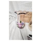 Vintage Aluminum Pitcher w.glasses and Hand Painted Vase