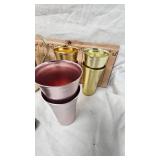 Vintage Aluminum Pitcher w.glasses and Hand Painted Vase