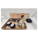 Coral Blue Tea Set and Porcelain Figurines