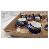 Coral Blue Tea Set and Porcelain Figurines