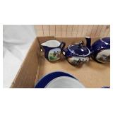 Coral Blue Tea Set and Porcelain Figurines