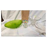 Glass Compote Dish and Etched/Satin Green Serving Bowl
