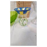 Glass Compote Dish and Etched/Satin Green Serving Bowl