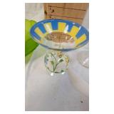 Glass Compote Dish and Etched/Satin Green Serving Bowl