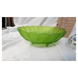 Glass Compote Dish and Etched/Satin Green Serving Bowl