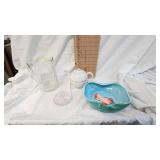Glass Pitcher, Teapot, Bird Dish