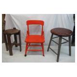 Lot of 3 Vintage small wood furniture pieces. Childs wood chair, Stool. and small table.