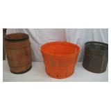 Vintage Basket Containers: Wooden Nail Keg, Tin Can and a Bushel Basket