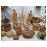 Lot of various Vintage Wicker Baskets & 2 Mexican Folk Art Aztec Fisherman woven Figurines